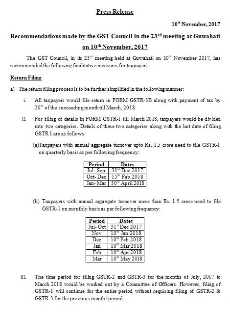 Press Release: Recommendations made by the GST Council in the 23rd meeting at Guwahati on 10th November, 2017