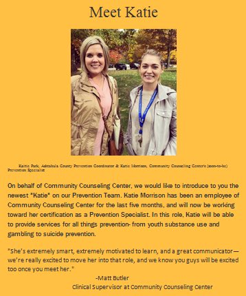 cccohio's tweet photo. Community Counseling Center is proud to announce the launch of #Prevention services funded through Ashtabula County MHRS! @cccohio's Katie Morrison will take on the #Prevention Specialist role. @acprevention https://t.co/aV72vJigfd