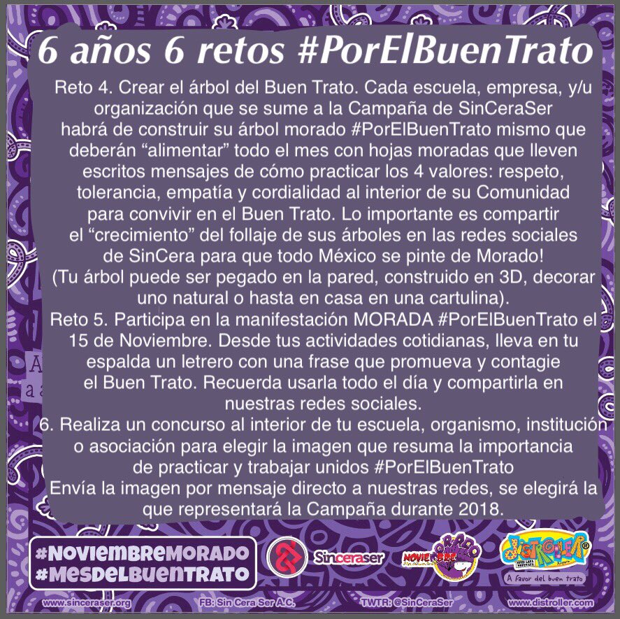 Este Noviembre Morado te invitamos a sumarte y participar en los 6 retos #PorElBuenTrato
Para transformar hay que actuar! 🙋🏻💜
