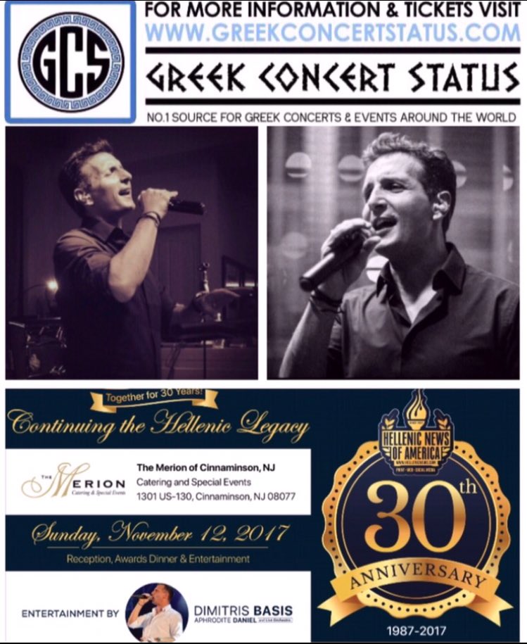 GreekConcert's tweet photo. Dimitris Mpasis @ The Merion of Cinnaminson in New Jersey on Sunday, November 12 2017 for the 30th Anniversary of Hellenic News of America! #HellenicNewsofAmerica #DimitrisMpasis https://t.co/o4JHpATDq6