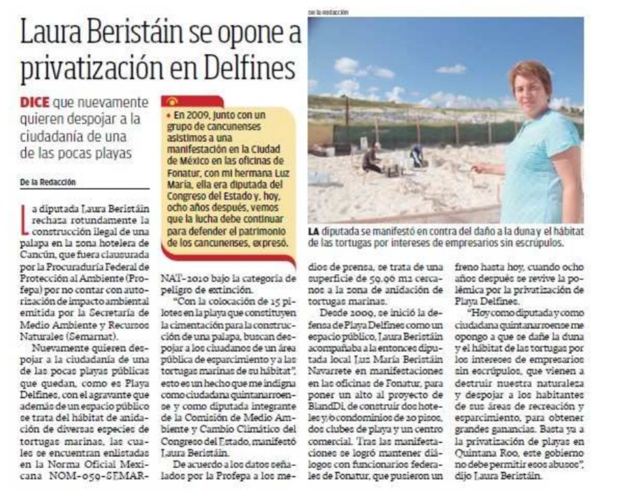 LauraBeristain's tweet photo. #Cancún #QuintanaRoo se opone @LauraBeristain a privatización de #PlayaDefilnes 
@novedadesqroo https://t.co/qKJkk9yU71