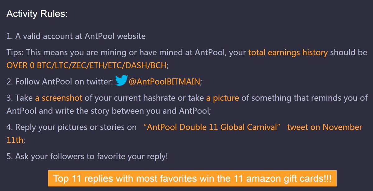 AntPoolofficial's tweet photo. AntPool “Double 11”Global Carnival. Reply this twee to win AmazonGiftCards Worth from $11 up to $111. Learn more: https://t.co/w7GrTY3oWX https://t.co/qT1rlpTgex