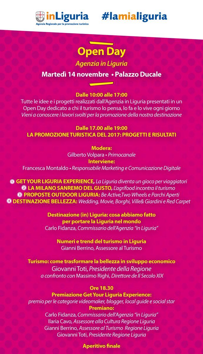 lamialiguria's tweet photo. Vi aspettiamo martedì 14 novembre nel sotto porticato di @Ducale_Genova 

Tutte le idee e i progetti realizzati dall'Agenzia In Liguria presentati in un Open Day dedicato a chi il turismo lo pensa, lo fa e lo vive ogni giorno!

#LaMiaLiguria https://t.co/6QKoom1sj1
