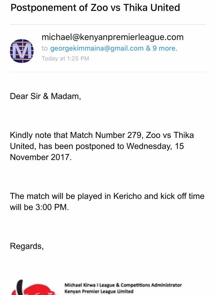 jupet11's tweet photo. @zoofootballclub VS @ThikaUnitedFC MATCH POSTPONED to Wednesday 15TH November 2017 3PM @ Kericho Green Stadium #SPL2017 #Zoo #Thika https://t.co/KfoaVaXh1c