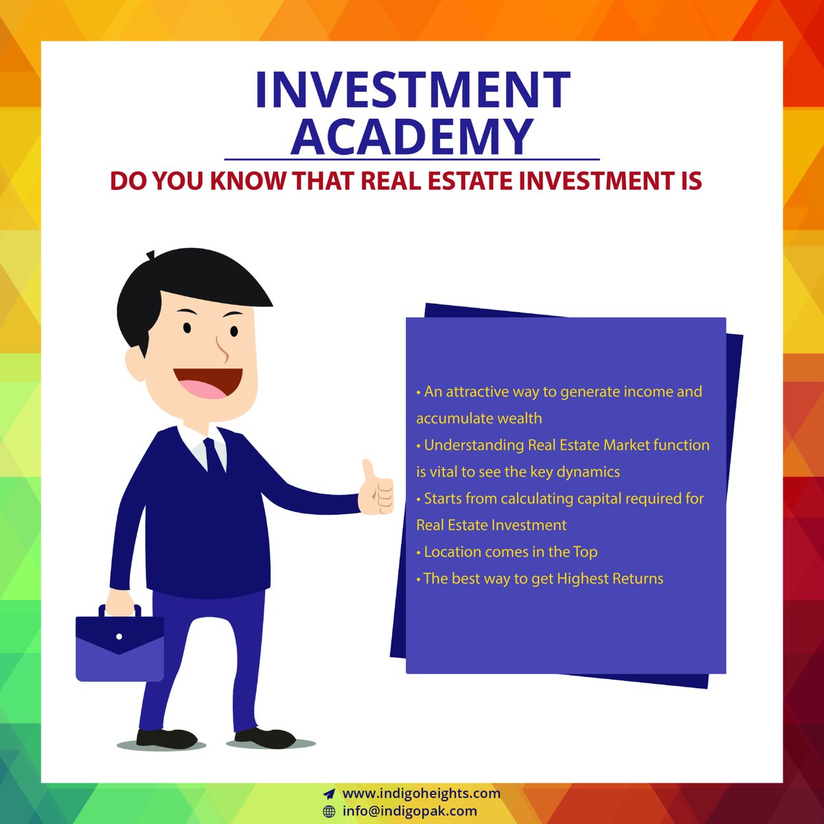 Indigo_pak's tweet photo. Do you know that Real Estate Investment is......
#Realestateinvestment #Investmentacademy #Indigodevelopers
More info visit our website:https://t.co/foUFDfPSGD https://t.co/kaXQmlPVup