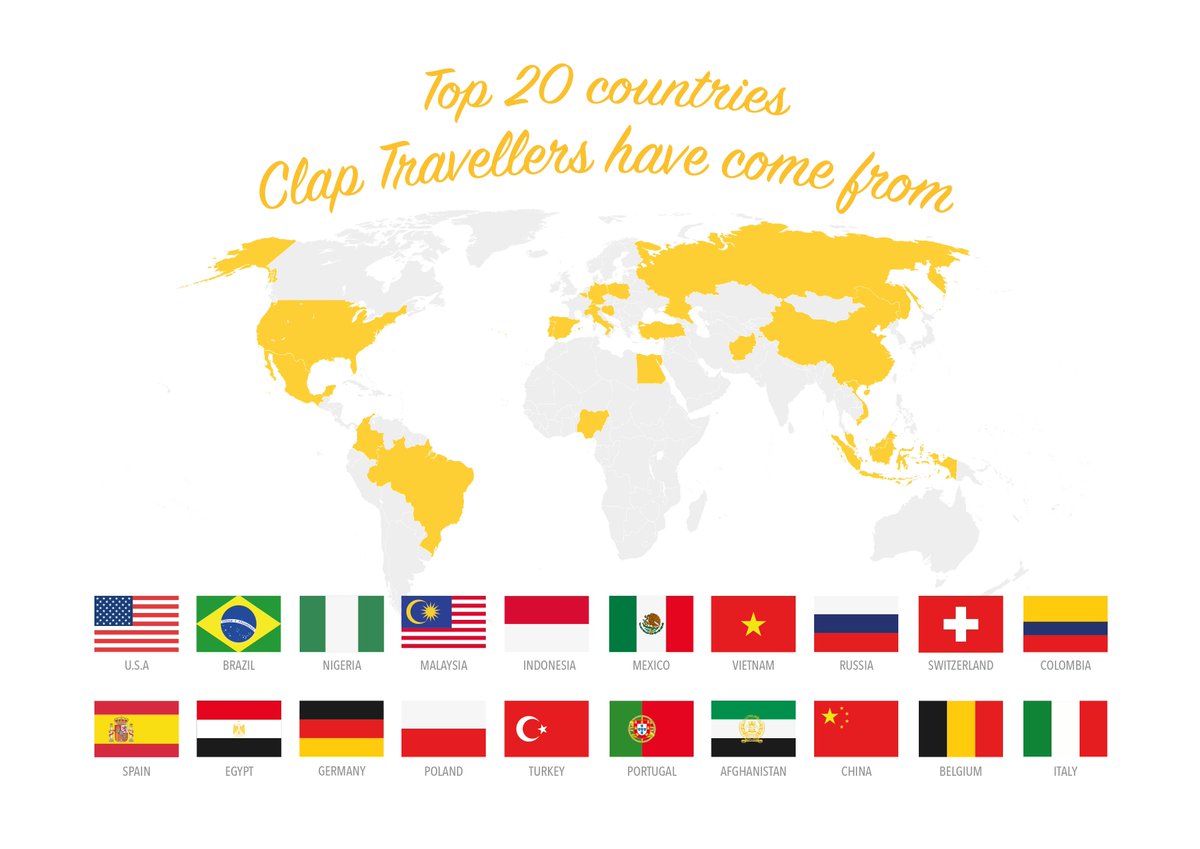 clapglobal's tweet photo. We've compiled a list of the top 20 countries that our #ClapTravellers have come from so far. We look forward to colouring the rest of the map yellow as we continue to get travellers from different countries participating in #ClapTalks while visiting India. 😎 https://t.co/CxBgvdoWm7
