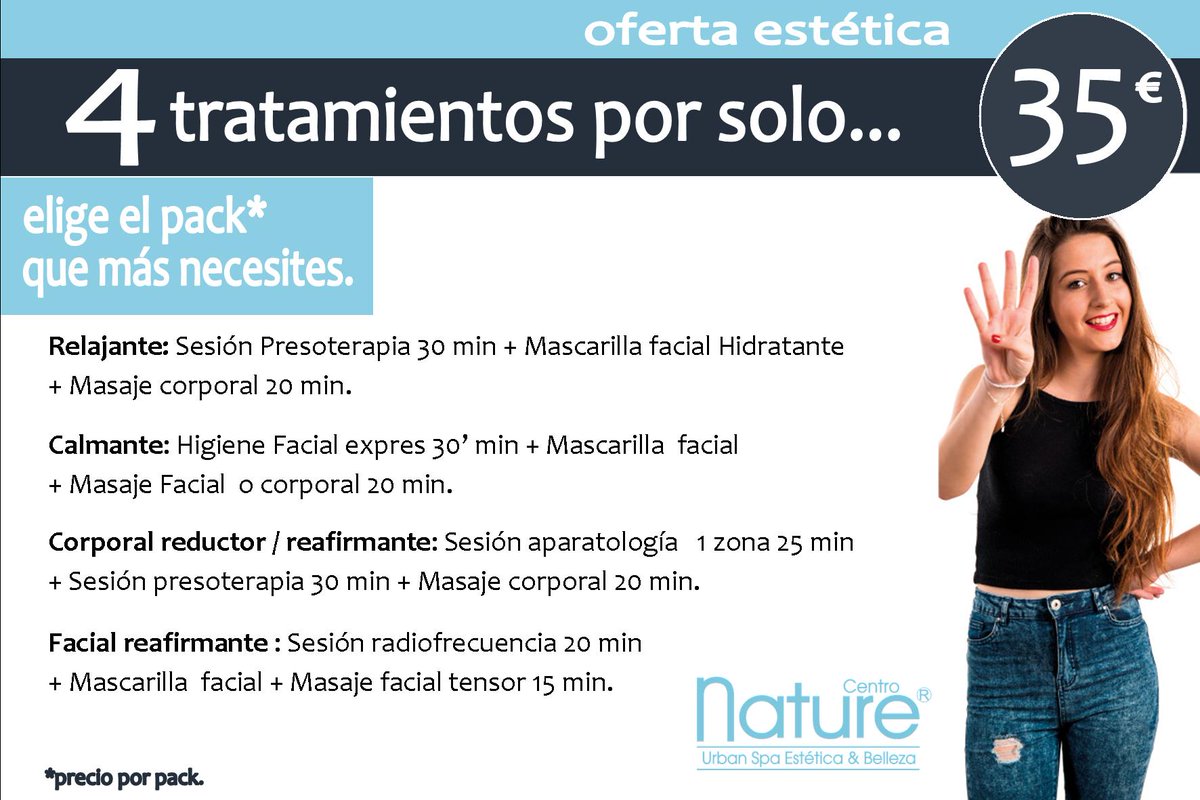 CentroNature's tweet photo. ¡Promoción de estética!
4 tratamientos por 35 €
https://t.co/3jfZfegXt4
¡Elige el pack que más te convenga!
#Promoción #Estetica #Jaén #Balnerio #Spa https://t.co/0AUAPOCv4E