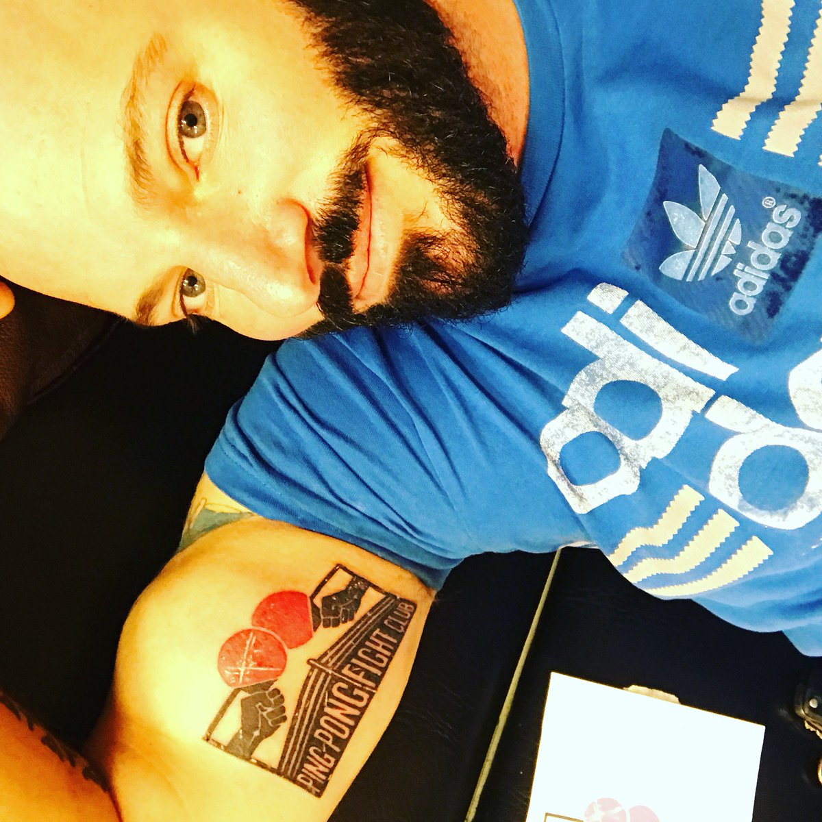 pingpongfightcl's tweet photo. Taking Ping Pong Fight Club devotion to a new level. Jeff from @TetradDiscovery     has the logo tattooed on his bicep. He plays for keeps! PPFC Nov 23rd @OvalSpace #PPFCLDN #Tsingtaouk https://t.co/NtE2dcusiO