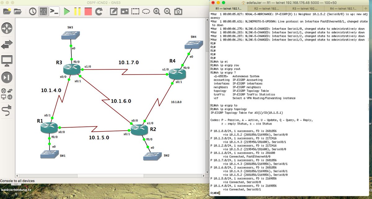 3d3f4ul3r's tweet image. #cisco #CiscoCert #learningatCisco #CCNP #certification 
this weekend, ccnp Route learning EIGRP and OSPF with #GNS3