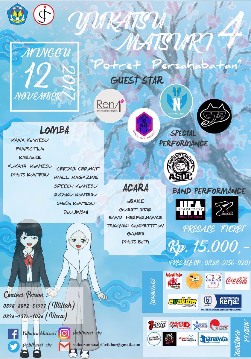 urbancikarang's tweet photo. Japan Club SMKN 2 Cikarang Barat present YUKATSU MATSURI 4 'Potret Persahabatan' 12 November 2017 Pukul 09.00-Selesai.

Yuk seru-seruan! https://t.co/yKeo3I9BmB