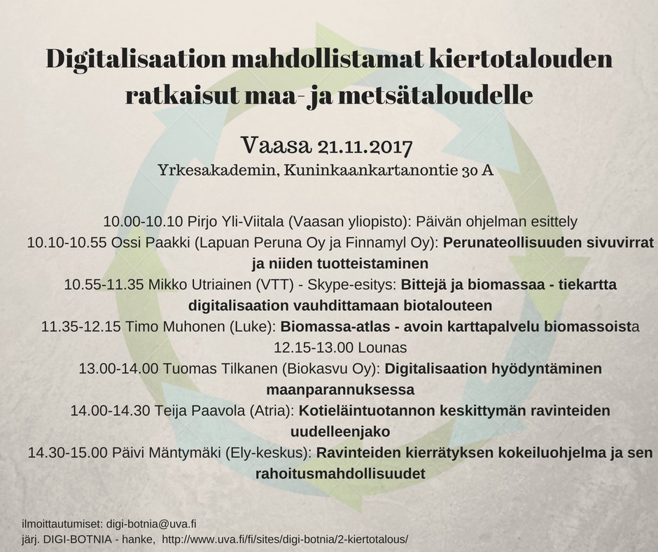 nora_jp's tweet photo. HOI #Vaasa!  #kiertotalous teemapäivä tulossa 21.11! Järj. #DIGIBOTNIA @PirjoY_V   
https://t.co/ZCES1B8nbD
#ravinnekierrätys #bioenergia #biokaasu #digitalisaatio #maatalous #biomassa #sivuvirrat #luke #atria ym. https://t.co/HiIq5Ys0Wi