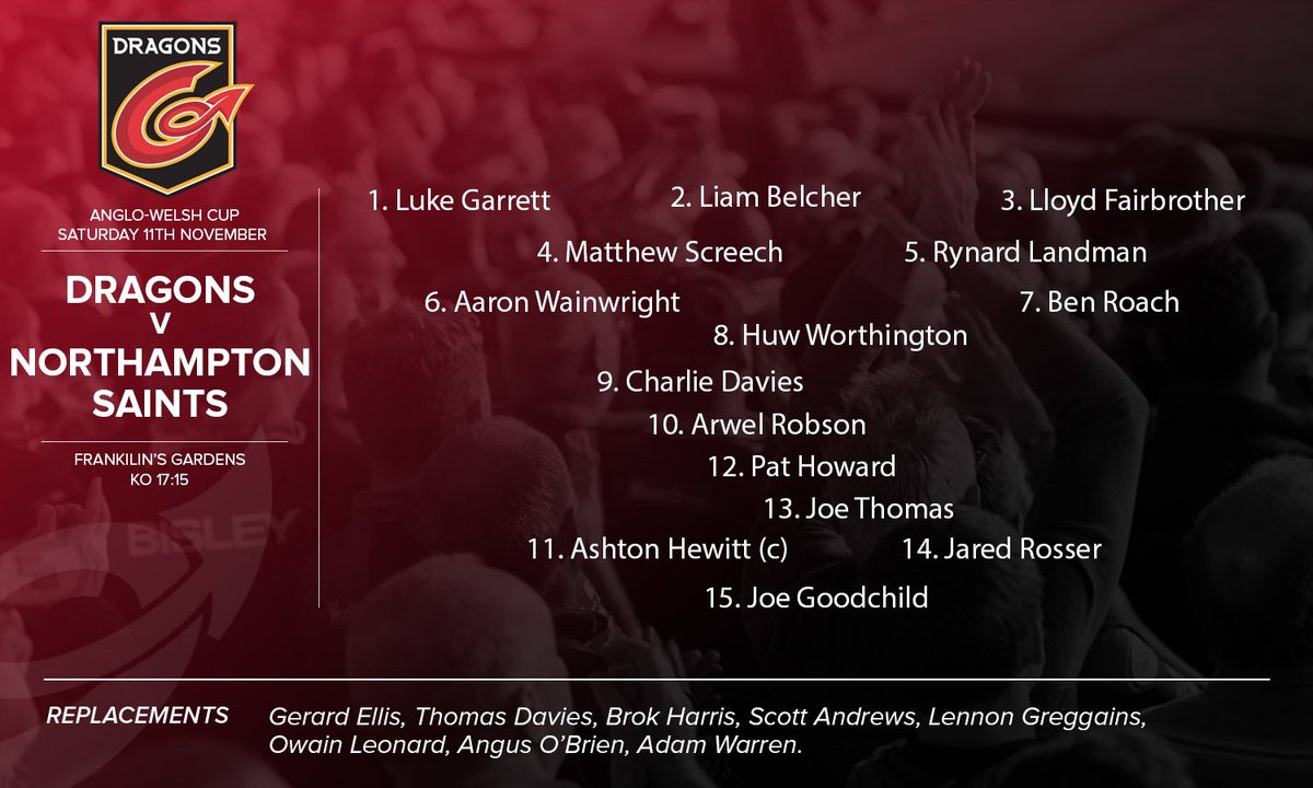 dragonsrfc's tweet photo. TEAM NEWS: Here is your @dragonsrugby team that will face @SaintsRugby in the Anglo-Welsh Cup this Saturday 🏉💪 https://t.co/DIWBV2Rev6 #JoinTheEvolution https://t.co/6wbwF4kru2