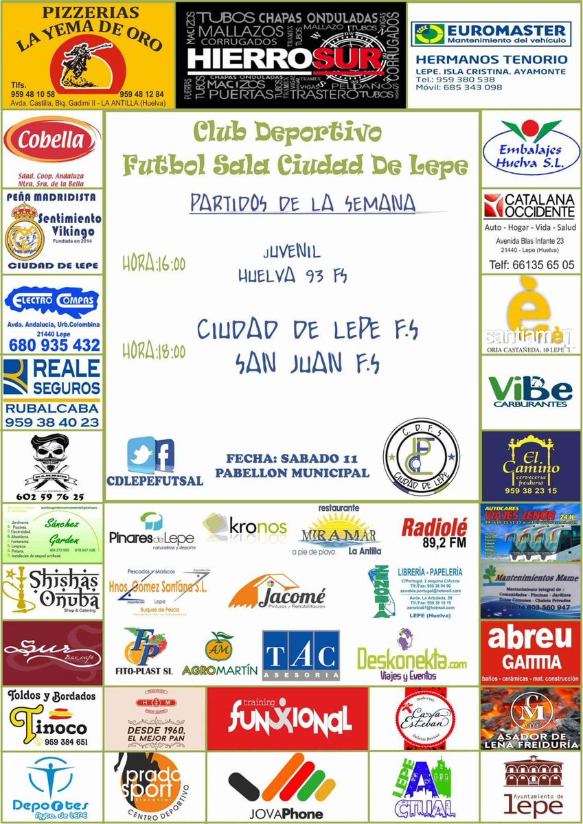 ⚠️PRÓXIMO PARTIDO⚠️ #Jornada5
<a href="/Cdad_Lepe_FS/">Ciudad de Lepe F.S.</a>  🆚 #juveniles
⏱️16:00h
📅Sábado 11
🏟️Pabellón Municipal de Lepe