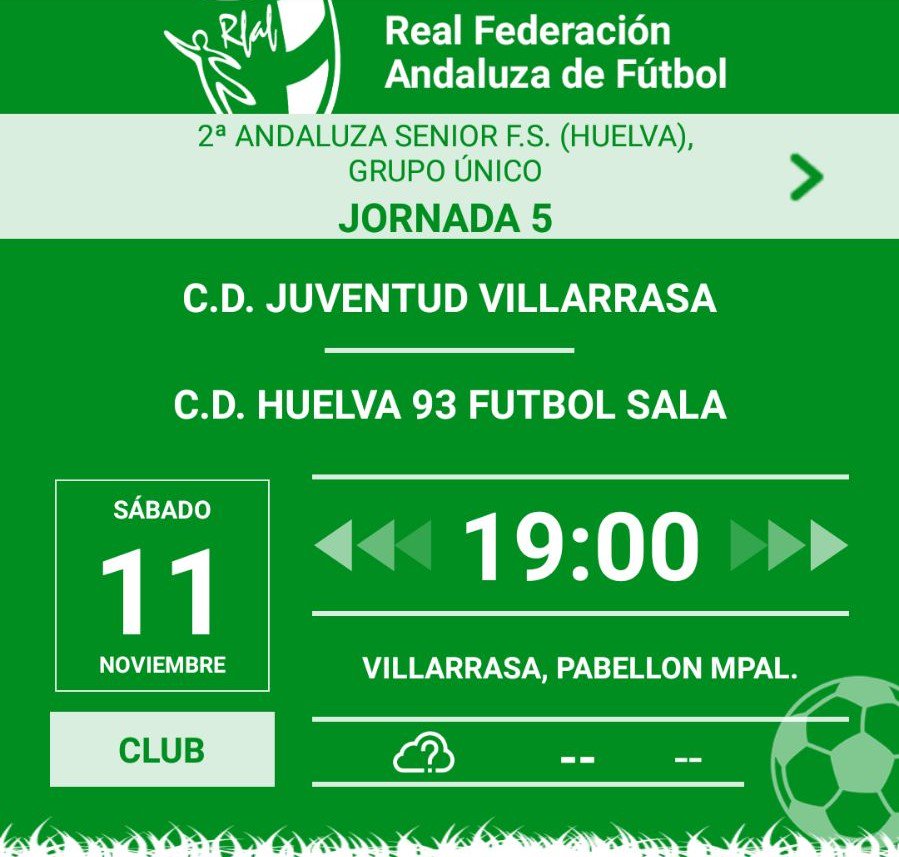 ⚠️PRÓXIMO PARTIDO⚠️ #Jornada5
<a href="/EDVillarrasa/">Concejalía de Deportes Villarrasa</a>   🆚 #senior
⏱️19:00h
📅Sábado 11
🏟️Pabellón Municipal de Villarrasa