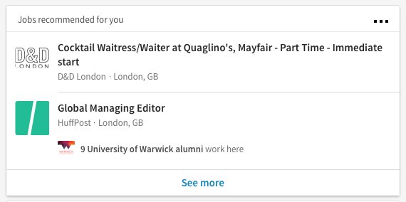 TomWatts86's tweet photo. Linkedin clearly sees my life going in two very distinct directions https://t.co/B8UVYTp9BQ