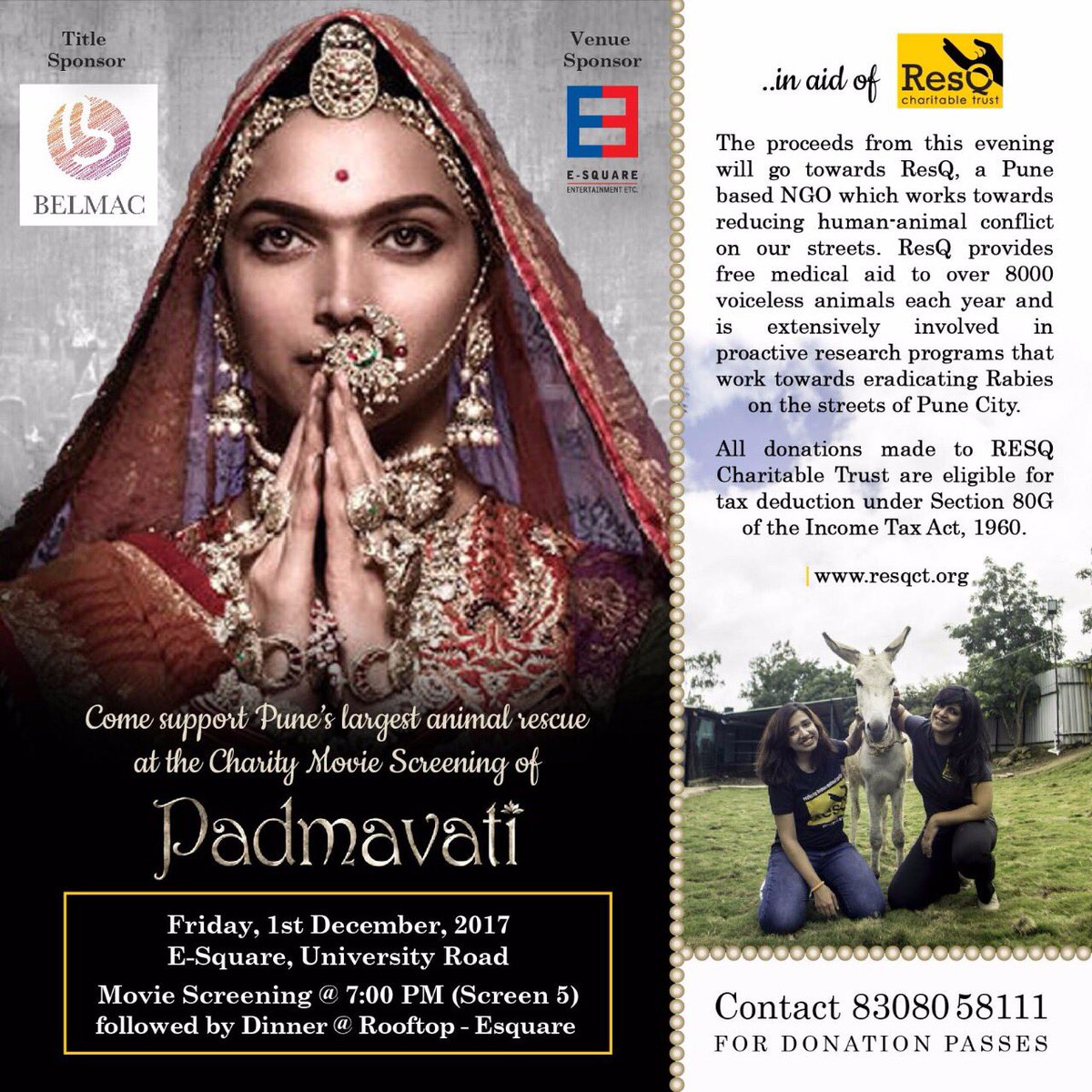 Ifavourflavour's tweet photo. Fundraising Dinner &amp; #Charity screening of #Padmavati in aid of @resqct 
Supported by @BELMAC #BELMAC   

For Donation Passes:  8308058111 https://t.co/4b4rmgleCy