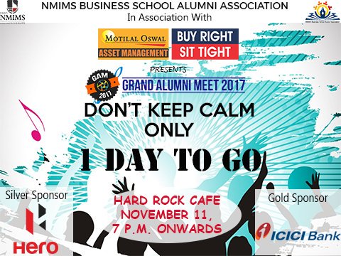 NMIMSAlumniCell's tweet photo. Greetings Alumni!
We can already hear the beats of the music, the happy chattering and the rhythm of nostalgia! Just 1 day to go for the most happening event of the year, the Grand Alumni Meet!
#GAM2017 #NMIMS #Memories https://t.co/k87mRYToYN
