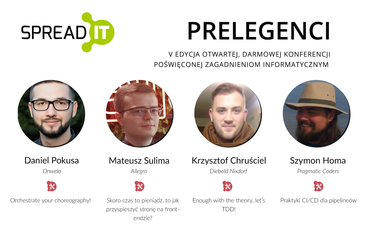 SpreadITpl's tweet photo. Przedstawiamy kolejnych prelegentów, którzy wystąpią w ramach ścieżki Software Architecture. 
@CodeCouple_pl @s2lomon
@dpokusa @MateuszSulima #spreaditpl #programming #it #gamedev #gliwice https://t.co/rJmdL8r1w2