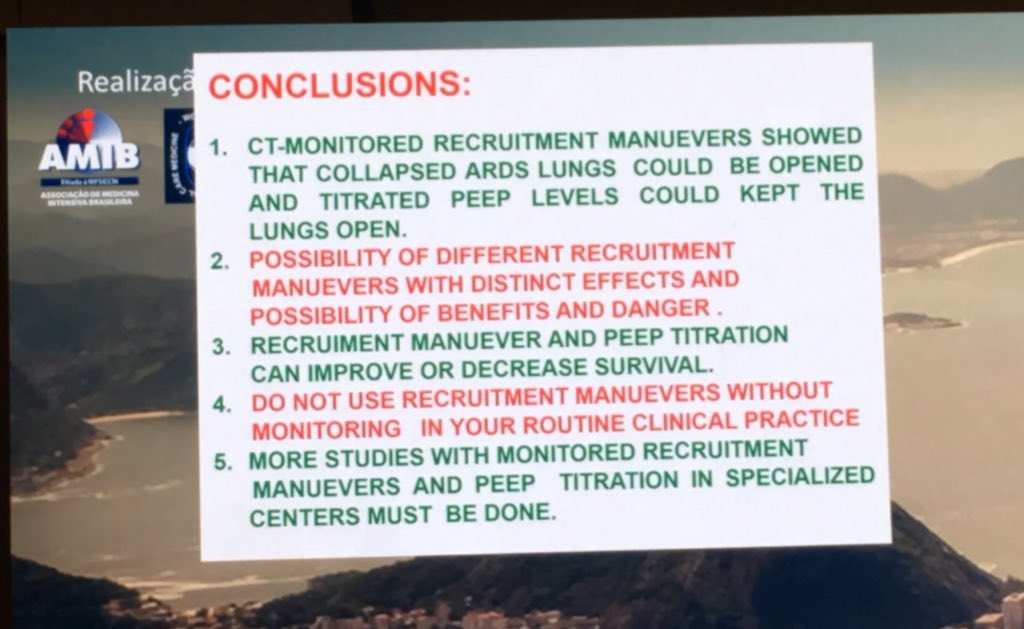AleMRV_'s tweet photo. Recruitment Manuevers in SDRA. Conclusions By Carmen Barbas in #WFSICCM #CBMI @AMIB_oficial cc @_GabrielaVidal_ @drblackriver @martinluga https://t.co/0XV3YLVIqU