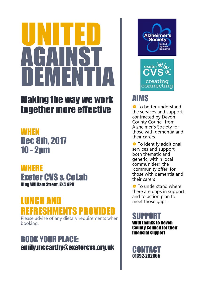 EmilyECVS's tweet image. United Against Dementia. Book your place now! @ExeterCVS @ExeterVC @alzh