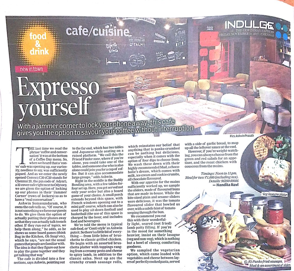 convocafec's tweet photo. Thanks Indulge - @NewIndianXpress, for your positive review... We are really honoured... Thanks once again
#trendingoffline #convo #convocafe #C20 #thenewindianexpress https://t.co/ih85f53JFg