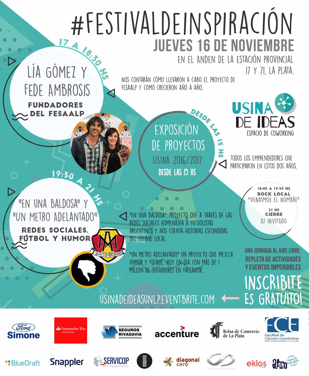 Se viene la última jornada de inspiración, pero esta vez lo quisimos festejar a lo grande con un #FestivaldeInspiración 💡🎉
El próximo jueves 16/11 desde las 15 hs en la Estación Provincial (17 y 71, La Plata) INSCRIPCIÓN ACÁ ⬇ 
…stivaldeinspiracion.eventbrite.com.ar