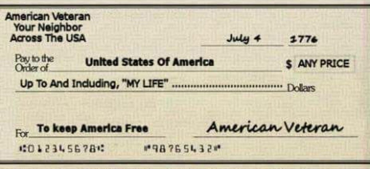 TNCCSO's tweet photo. A #Veteran is someone who, at one point in their life wrote a blank check made payable to: 
"The United States of America," for an amount up to and including their life.    🇺🇸🙏 🇺🇸🙏🇺🇸 
Thank a #Veteran today!
#VeteransDayWeek #VeteransDay2017 
#RedFriday https://t.co/RXQThGvdiq