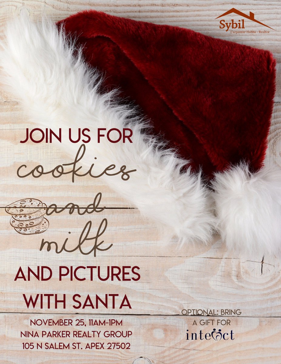 SybilSellsHomes's tweet photo. Join us at the Nina Parker Realty Group on November 25 for Cookies and Milk with Santa!  Come take your picture with Santa Claus! #happyholidays #cookiesandmilk #NPRG #SantaClaus https://t.co/TiDoECWKkf