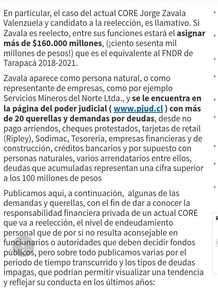 pablolirar's tweet photo. "Actual CORE en #Tarapacá que va a reelección Jorge Zavala, concentra más de 20 demandas judiciales por no pago de créditos". 
Flor de candidato @ZavalaCORE, 
@carolinagoic 
Se pasó! https://t.co/fHh2D4XzQJ