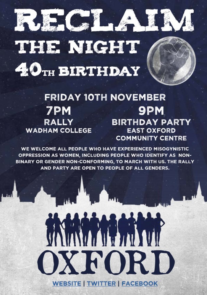March tonight with <a href="/OxfordRTN/">Reclaim The Night</a> in Oxford. Rally &amp; party open to all genders. Starts at 7pm Wadham College. Celebrating #40years of women taking back the night...