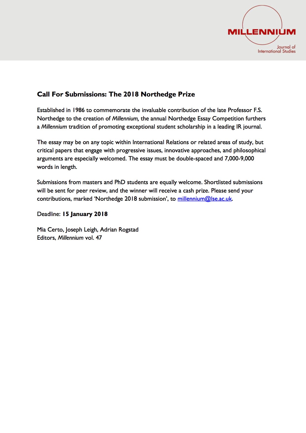 Narrative Essay Thesis Millennium Journal On Twitter Call For Student Essays The Northedge Prize Deadline January The Essay May Be On Any Topic Within Ir Or Examples Of Essay Papers also University English Essay Millennium Journal On Twitter Call For Student Essays The Genetically Modified Food Essay Thesis