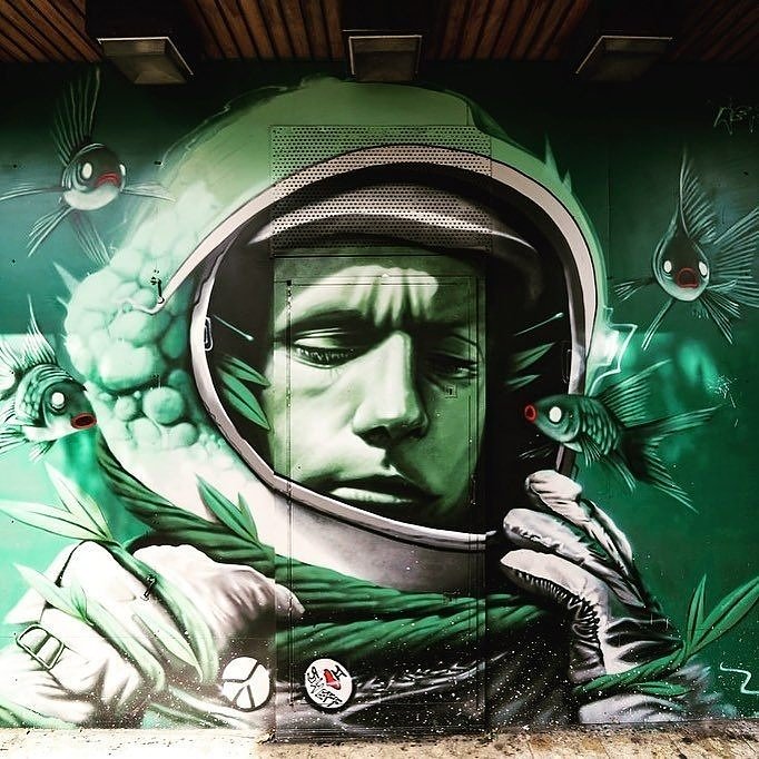 'Aeroaquatics2' by .<a href="/Rocket01/">Rocket01</a> for his current show with streetwork originally painted in Sheffield.
Available online at bit.ly/Aeroaquatic2 
#streetart #astronaut