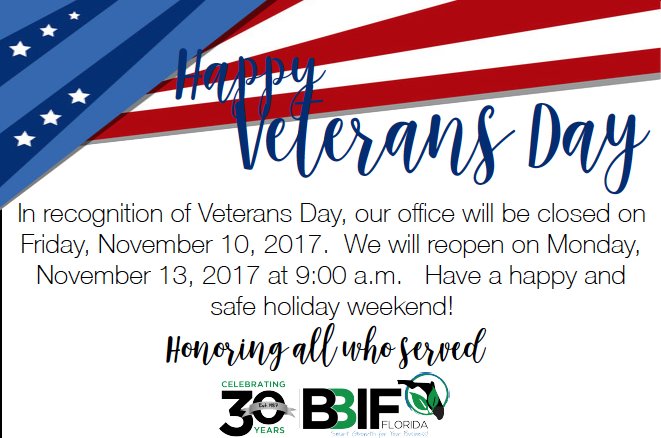 Happy Veterans Day!  Our office is closed today, but we will reopen on Monday to serve your business loan needs.