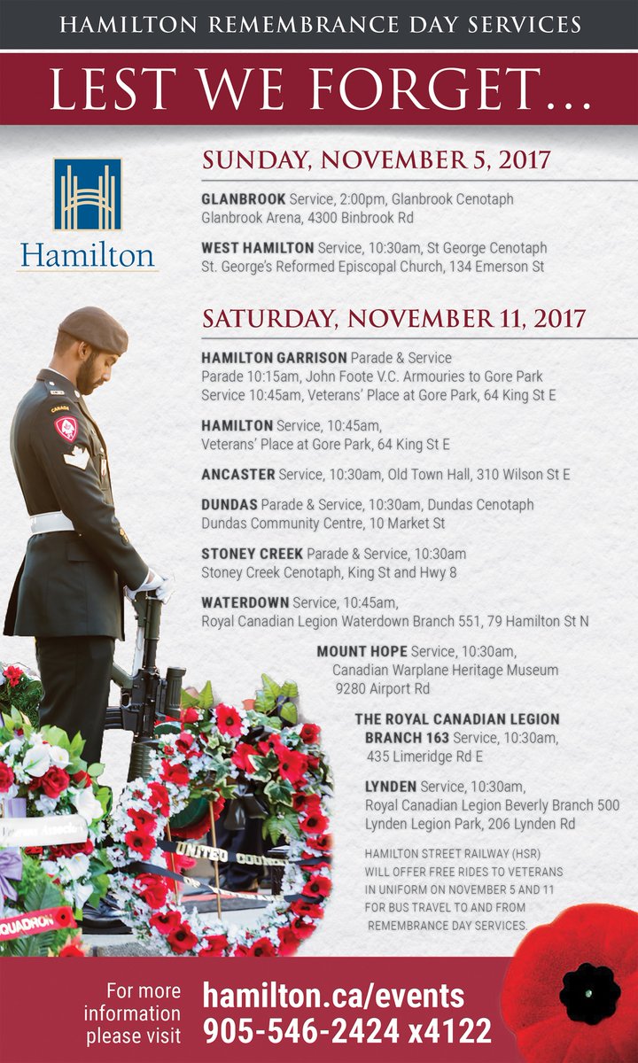 cityofhamilton's tweet image. Lest we forget. Here's a complete list of #RemembranceDay services &amp;amp; parades in #HamOnt on Saturday: bit.ly/2eARqUq