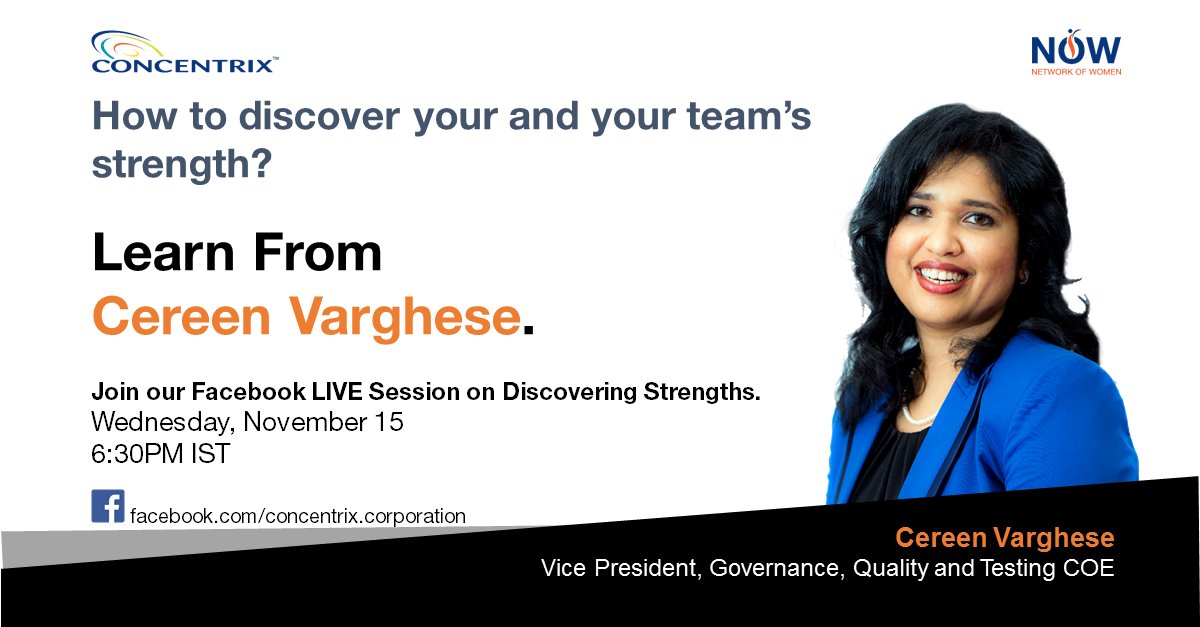 ConcentrixIND's tweet photo. Watch Cereen Varghese lead the #ConcentrixNOW session on Discovering Strength, #LIVE on our Facebook page: Wed, Nov 15 at 6:30PM IST. Be there! https://t.co/L3f6jNoGtw