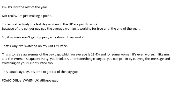 SalomeVanLeuven's tweet photo. #OutofOffice today. #EqualPayDay #Fthepaygap https://t.co/DPmnIeVBnl
