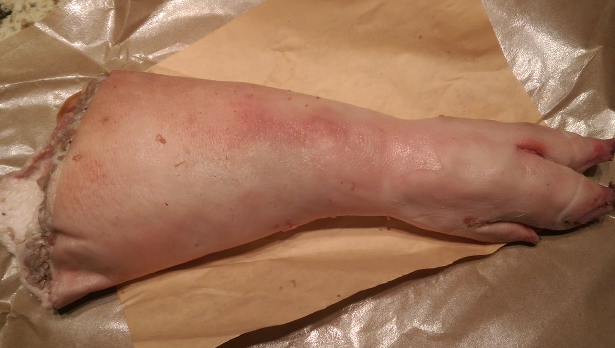 This is the "before" pic, potato and leek sausage-stuffed pig foot, courtesy of <a href="/AndyTheButcher_/">Andrew Muckleston</a> ... tonight, I will post the "after" picture. Stay tuned.