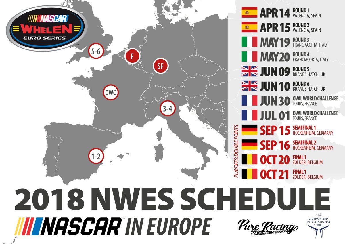 Discover the exciting 2018 #NWES #NASCAR calendar ➡️ nas.cr/2zLGNg1

Apr 14-15 🇪🇸<a href="/CircuitValencia/">Circuit Ricardo Tormo</a> 
May 19-20 🇮🇹<a href="/FranciacortaIC/">Franciacorta Circuit</a> 
Jun 9-10 🇬🇧<a href="/Brands_Hatch/">Brands Hatch</a> 
Jun 30 - Jul 1 🇫🇷Tours #OvalWorldChallenge
Sept 15-16 🇩🇪#Hockenheimring
Oct 20-21 🇧🇪<a href="/CircuitZolder/">Circuit Zolder</a>