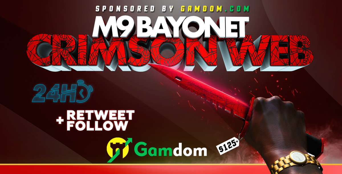 gamdom's tweet photo. 🎁 DAILY Giveaway 🎁

🗡️FT M9 Bayonet | Chrimson Web 🗡️

✅ Retweet
✅ Follow us    
✅ Reply with your Steam64ID

Winners will be picked in 24 hours Good luck everyone! https://t.co/9Y8vLB7ioG