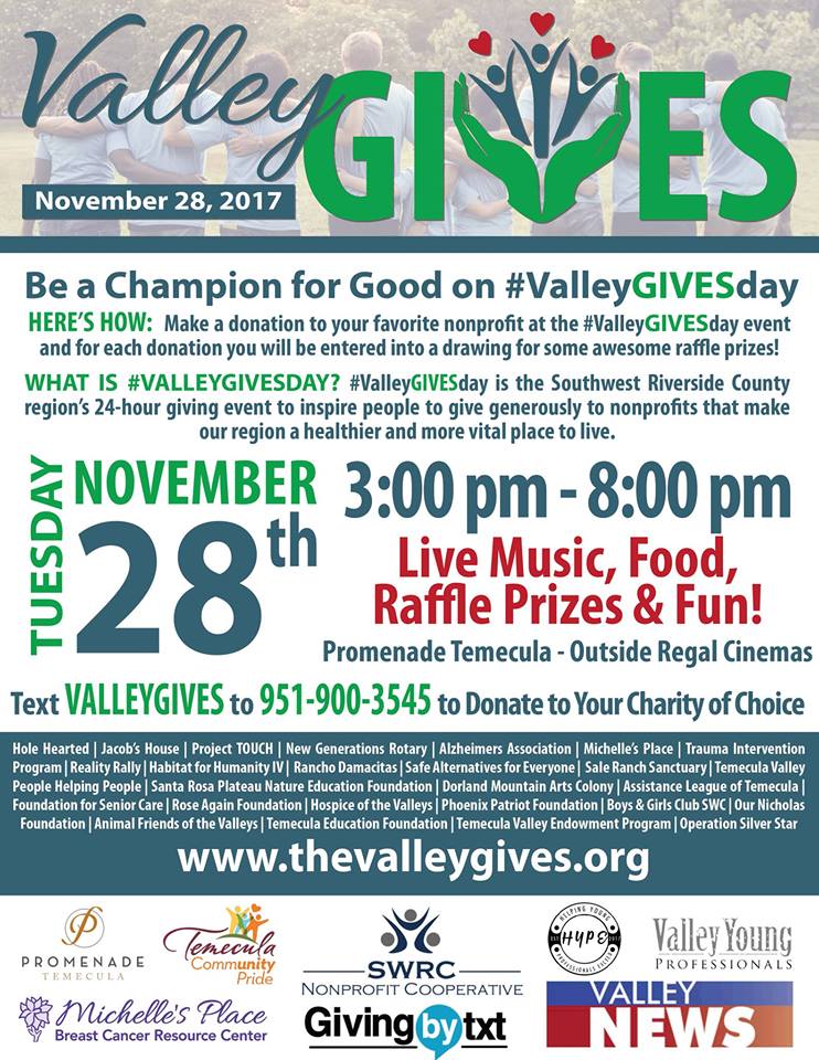 ProjectTOUCH's tweet photo. #GivingTuesday A massive ONE DAY Fundraising Event at The Promenade Temecula! Come 11/28 from 3-8pm for #ValleyGives learn more from some of the Valley's amazing non-profits including Project TOUCH. WIN PRIZES, Have fun, eat treats and more #projecttouchonline #cause #heartofgold https://t.co/mUWKQcJPKZ