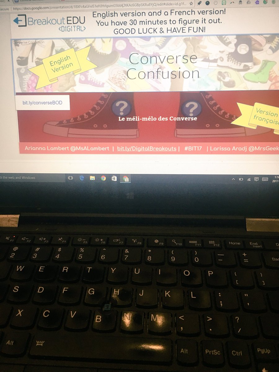 ErinBerthelot1's tweet photo. @monsieur_B_GV and I “broke out” during @MsALambert and @MrsGeekChic awesome presentation on digital breakouts! Such a great &amp; engaging activity for ss #BIT2017 #ocsbLT https://t.co/QNhHaDupv6