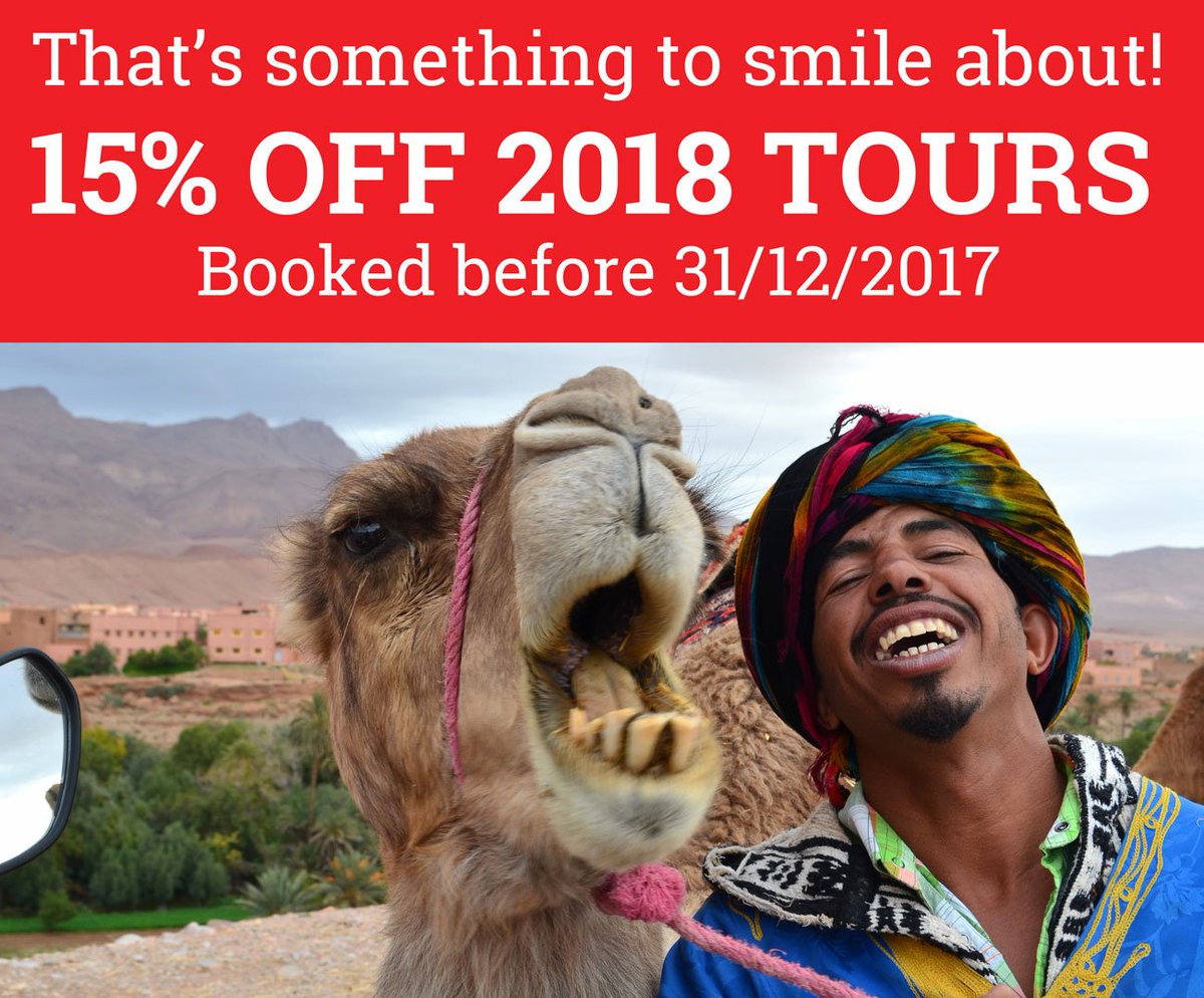 2wheelmorocco's tweet photo. Here’s something to smile about!
15% OFF 2018 TOURS 
Booked before 31/12/20171
https://t.co/oUjpsUmgu3 https://t.co/Xej1Xmjz5u