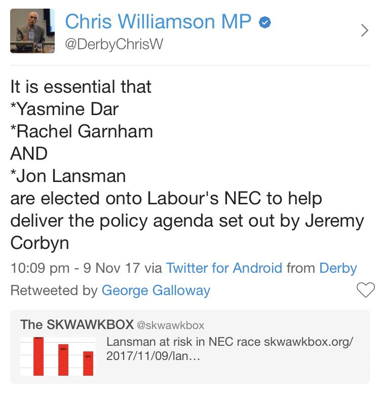 Jamin2g's tweet photo. Chris Williamson promoting proven “fake news” site Skwawkbox and being retweeted by George Galloway.
#Labour2017 https://t.co/xOHqbBr3ck