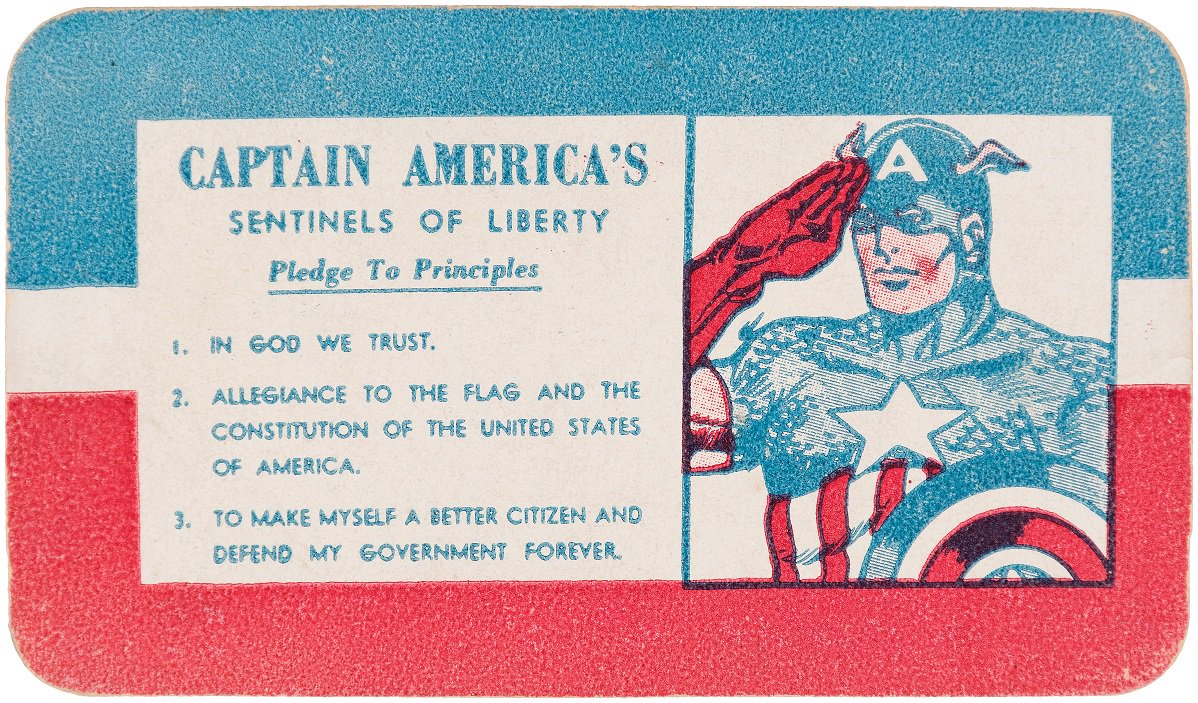HakesAuctions's tweet photo. #Marvel fans, check out this 1941 #CaptainAmerica #SentinelsOfLiberty club card in #Hakes222! Bidding ends next week! 🇺🇲 #Timely #GoldenAge https://t.co/AbimPswMuW