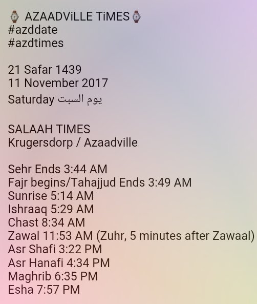 azdinfo's tweet photo. ⌚ AZAADViLLE TiMES⌚

#azddate
#azdtimes

🌒 21 Safar 1439

☀ 11 November 2017

📆 Saturday يَوْمُ السَّبْت

CLICK⤵⤵⤵⤵

https://t.co/q4Fsvlu5gI https://t.co/opidv0K5wP