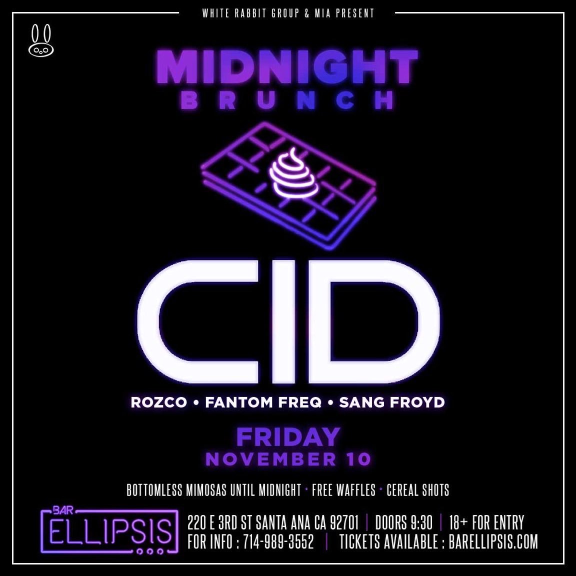 12ambrunch's tweet photo. Tonight! 
• @CIDmusic 
• Free waffles🥞
• Bottomless Mimosas🍾
• Cereal shots 🥃

https://t.co/zB3MMbXzDV https://t.co/cuW5F7EJwi
