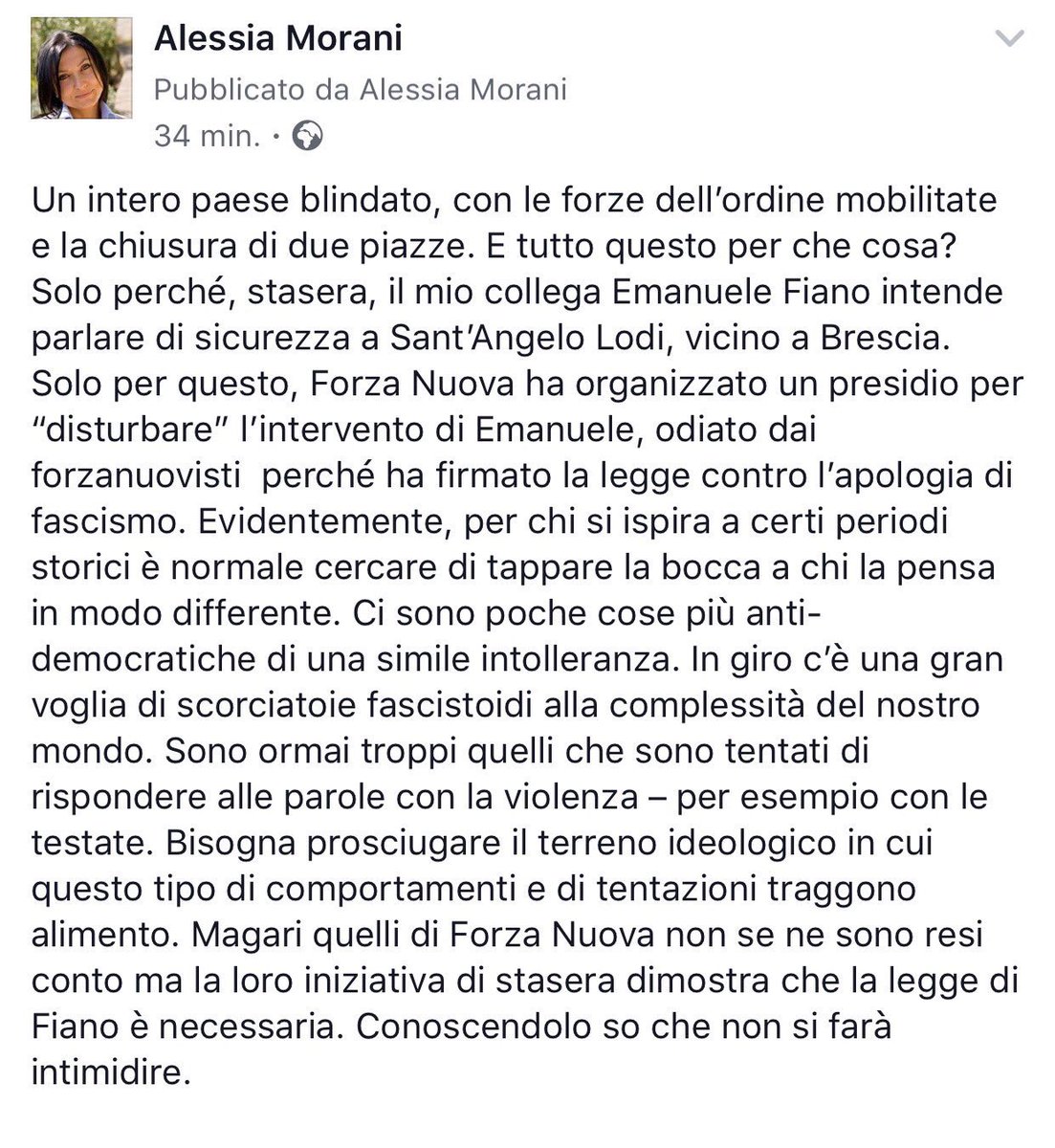 AlessiaMorani's tweet photo. La legge #Fiano va approvata il prima possibile. Non ci faremo intimidire da #ForzaNuova #iostoconLele https://t.co/6npk5jgNQq