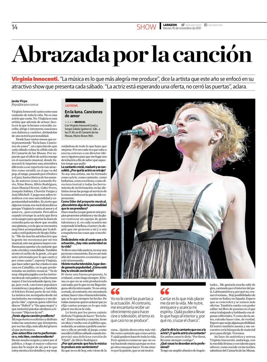 EspectaculosLR's tweet photo. "La música es lo que más alegría me produce", dice #ViginiaInnocenti Los sábados a las 21.30 canta en #ElCamarindelasMusas https://t.co/FgHEQro7vZ