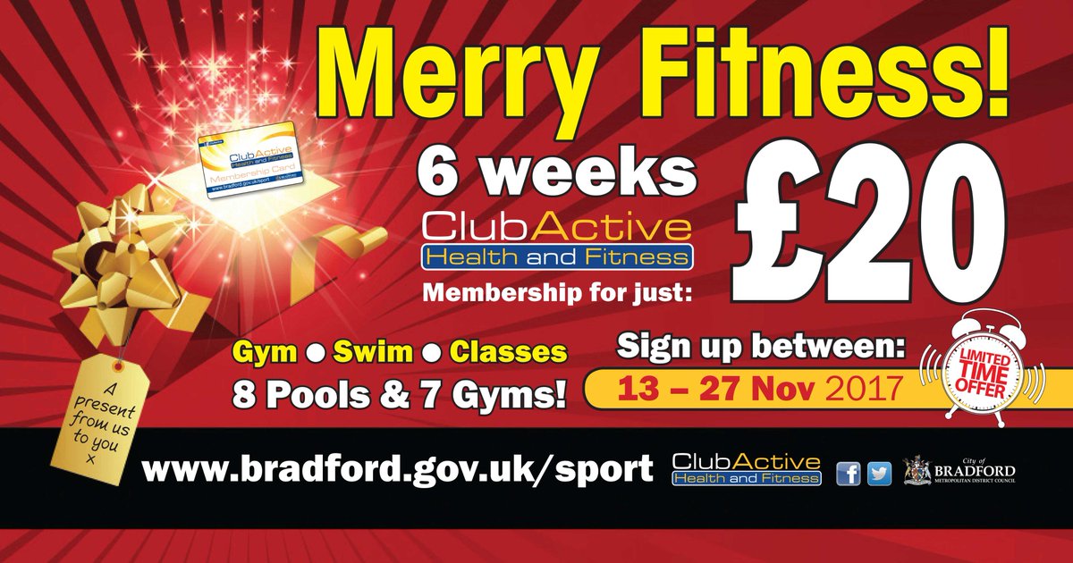 SportBradford's tweet photo. Fantastic Christmas Offer from #ClubActive! 6 weeks Gym, Swim &amp; Fitness Classes for just £20! You can only sign up for this offer between 13 - 27 Nov 2017. Call in to any centre to sign up
https://t.co/OlEIeNa9DJ https://t.co/tzDidfaHNi