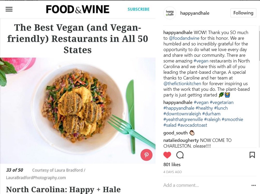 It is a great honor for portfolio company <a href="/HappyandHale/">happy + hale</a> to be listed as North Carolina's best vegan restaurant by <a href="/foodandwine/">Food & Wine</a>. Even more of an honor because it caters to all food palates. Well done Tyler, Matt and company.